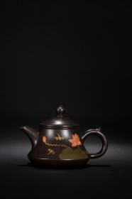 旧藏 紫砂黑朱泥蜻蜓点水茶壶。
