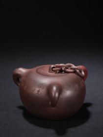旧藏 老紫砂窑变诗文活环钮茶壶。
