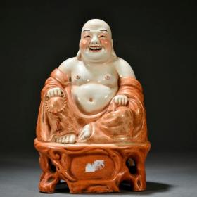 福建会馆-俞炳昌造珊瑚红釉弥勒佛坐像