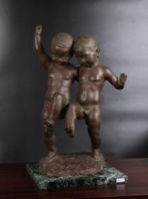 19世纪 《童趣》西洋铜雕塑 附大理石底座