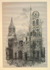 建筑/版画，1896年大幅版画，《鲁昂大教堂》，尺寸：56x38cm，法国著名画家、版画家奥古斯特.勒佩尔（A.Lepere）作品