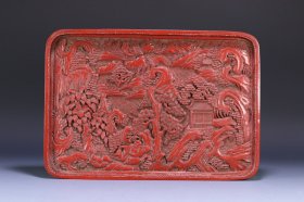 旧藏 大清乾隆年制款 剔红山水楼阁托盘，尺寸35.5*25*2.3厘米，重1018克