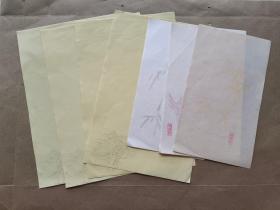 九十年代的“掇英轩”木板水印笺纸（竹子图案）散页15张+（荷塘图案）笺纸散页4张，一起合售