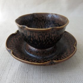 定窑油滴釉茶碗一套定窑酱釉瓷茶碗带托一套 古瓷茶具官字