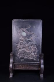 旧藏：清名家款端石雕“麒麟送书”文房砚屏。