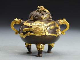 清代，“乾隆年制”铜鎏金银龙纹香炉