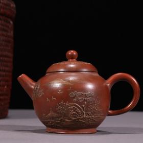 春泉堂款 紫砂堆绘山水图茶壶
