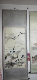 著名画家1993年精绘国画《六合天开象，五洲鹤翔  》大幅中堂立轴，原装原裱