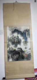 著名画家王帝壬申年（1992）精绘山水画立轴，原装原裱