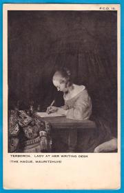 美国1922年【画家特伯齐作品_写信的女子】明信片