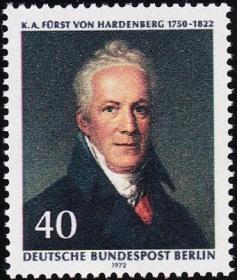 念椿萱 柏林邮票DE-BE0440 1972年普鲁士政府首相哈登尔伯格公爵40芬尼1全新