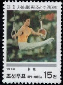念椿萱 朝鲜邮票3871长沙亚洲体操锦标赛男子吊环15朝鲜元新