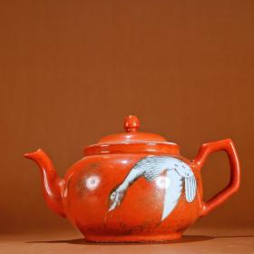 砂红釉描金 仙鹤 茶壶