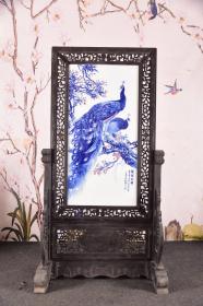 红木镶青花花鸟瓷板画《前程似锦》竖插座屏