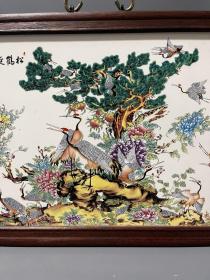 红木花鸟瓷板画挂屏《松鹤延年》