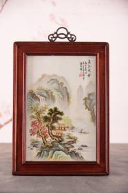 红木镶粉彩山水手绘瓷板画《清江泛舟》挂屏