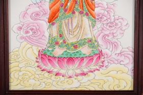 精品红木镶粉彩手绘加厚玻璃白人物瓷板《南无观世音菩萨》中堂挂屏