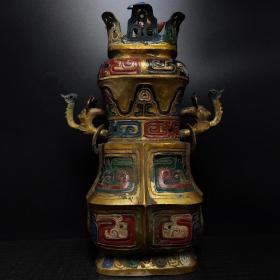 战国青铜——鎏金绘彩龙耳立鸟方瓶