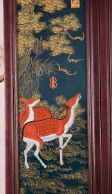 红木镶绿地珐琅彩掐金丝瓷板《福禄亨通》中堂三件套挂屏一组