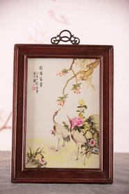 红木镶粉彩花鸟手绘瓷板画《鹤鸣富贵》挂屏.