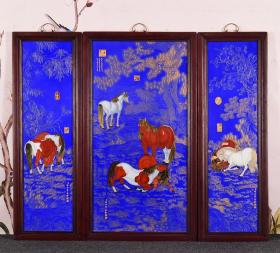 红木镶蓝地珐琅彩掐金丝瓷板《八骏图》中堂三件套挂屏一组