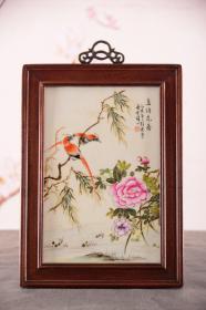 红木镶粉彩花鸟手绘瓷板画《鸟语花香》挂屏
