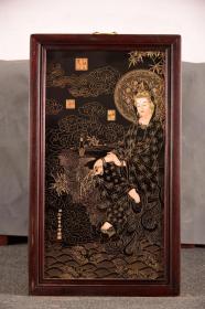红木镶黑底掐金丝观音瓷板画中堂挂屏