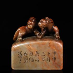 旧藏寿山石雕刻双螭虎龙钮印章，