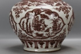 元釉里红缠枝莲开窗四爱荷叶罐