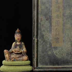 旧藏木盒寿山石手工雕刻观音佛像摆件，