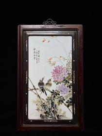 红木老框镶粉彩手绘精工花鸟挂屏