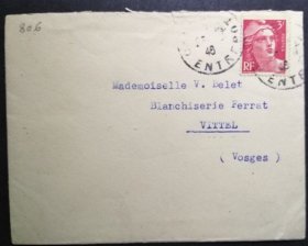 法国邮票1946年 F422  实寄封