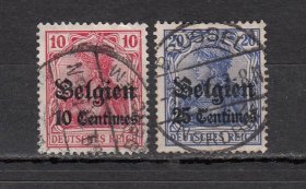 德国1914年日耳曼尼亚加盖比利时 邮票信销2枚