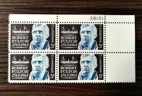 美国邮票1965年商业汽船发明者富尔顿1全右上直角边方连5429