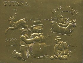 圭亚那1993年圣诞节，雪人、圣诞老人、驯鹿等金箔无齿，外国邮票