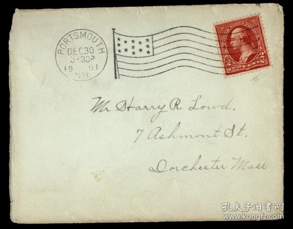 美国1901国旗宣传邮戳实寄封华盛顿名人邮票有落戳