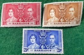 英属联发邮票 巴巴多斯 1937年 乔治六世加冕 3全 MNH 外国邮票