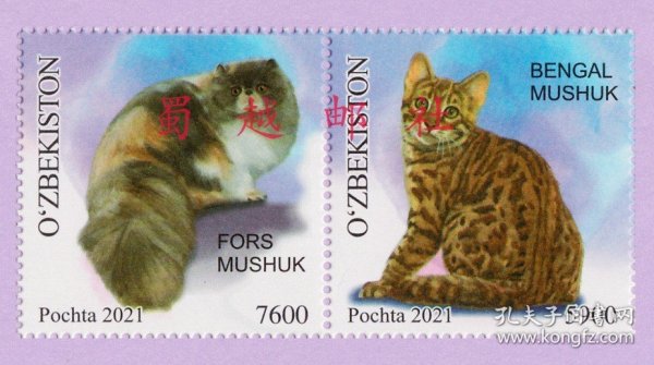 乌兹别克斯坦 动物邮票 宠物猫（2021）2全