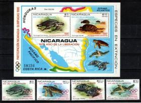 加盖1980年奥运会邮票\海龟\地图    尼加拉瓜  4+S/S  特价！