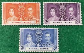 英属联发邮票 塞拉利昂 1937年 乔治六世加冕 3全 MNH 外国邮票