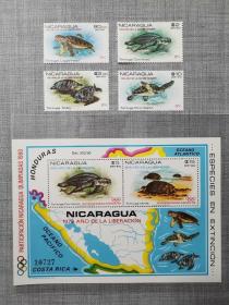 尼加拉瓜 1980 绿海龟 棱皮龟 玳瑁 海洋生物 加盖邮票4全+小全张