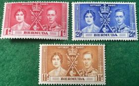 英属联发邮票 百慕大 1937年 乔治六世加冕 3全 MNH 红枚弱1齿