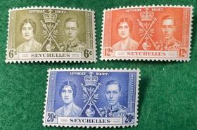 英属联发邮票 塞舌尔群岛 1937年 乔治六世加冕 3全 MNH 外国邮票