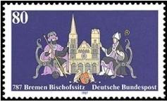 联邦德国西德1987年邮票 卡尔大帝 不来梅大教堂建筑1全 原胶全品