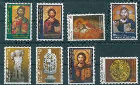 希腊邮票2000年绘画艺术\千禧年\雕塑\钱币\壁画 8全新