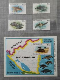 尼加拉瓜1980 海龟 棱皮龟 玳瑁 海洋生物 邮票4全+M无加盖未发行