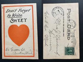 美国明信片 1909年实寄 爱心 问候