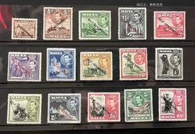 外国邮票 英属马耳他 1948年 乔治六世建筑风光15全 贴票6c有微瑕