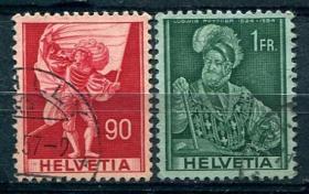 70外国邮票瑞士1941-1959年人物2枚信销