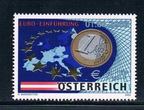 奥地利邮票2002欧元启动国旗地图1全新